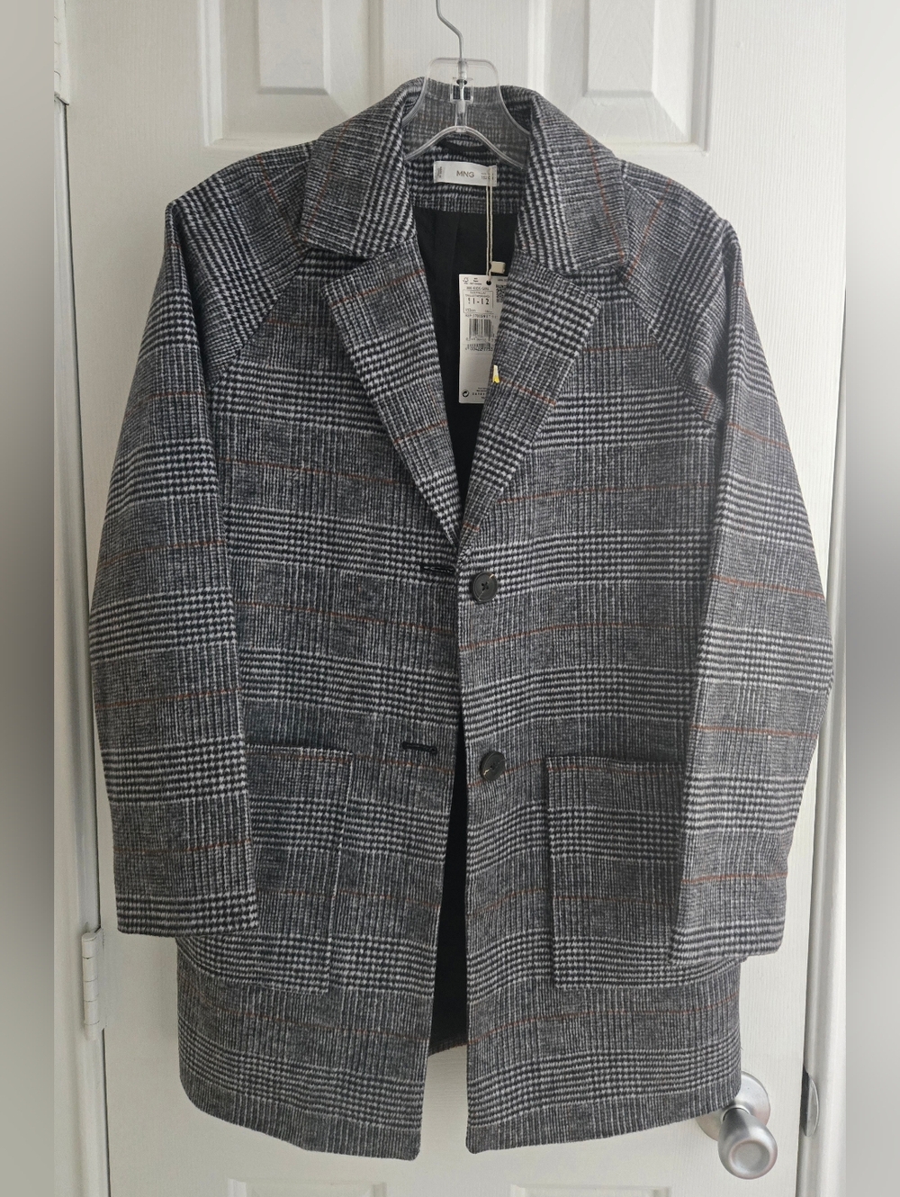 Mango Kids Glen Plaid Wool Blend Overcoat Jacket Size 11-12Y NWT